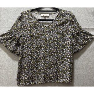 LOFT Black Ditsy Floral V-Neck Ruffle Bell Sleeve Top Lightweight Feminine  Boho